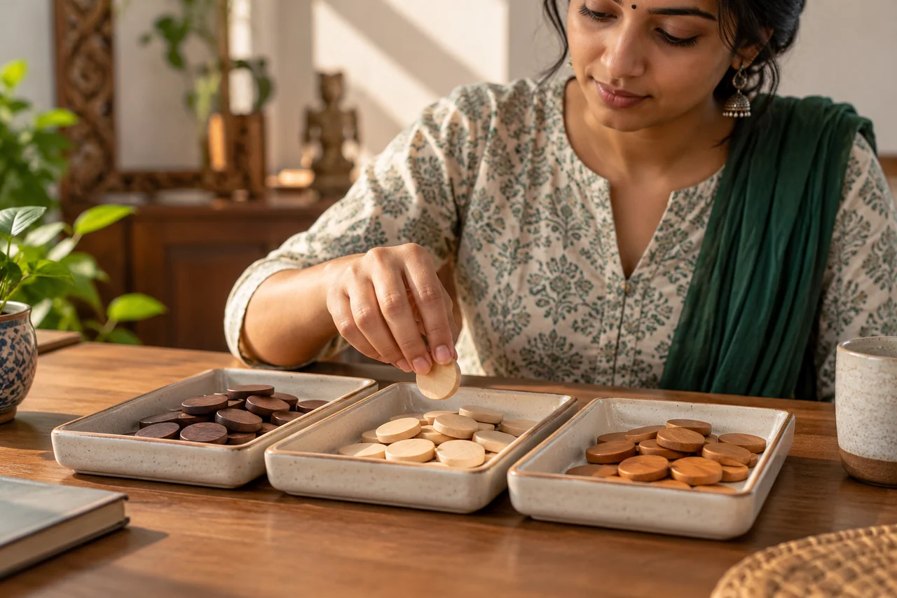 Wooden tokens sorted into three ceramic trays