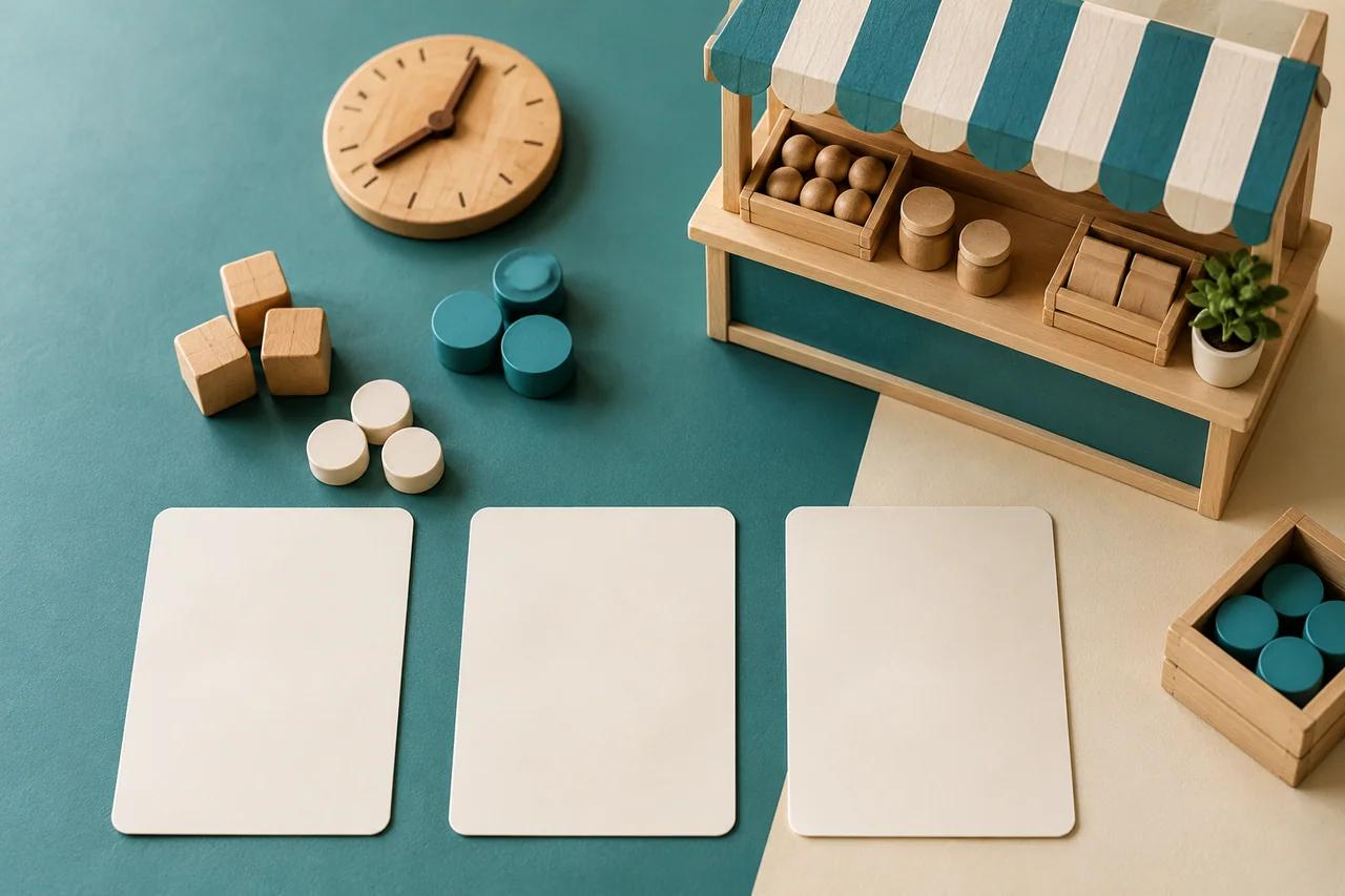 Wooden shop counters and tokens used in a learning exercise