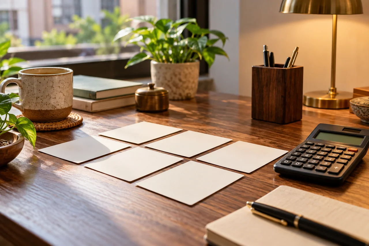 Blank planning cards and calculator on a warm desk