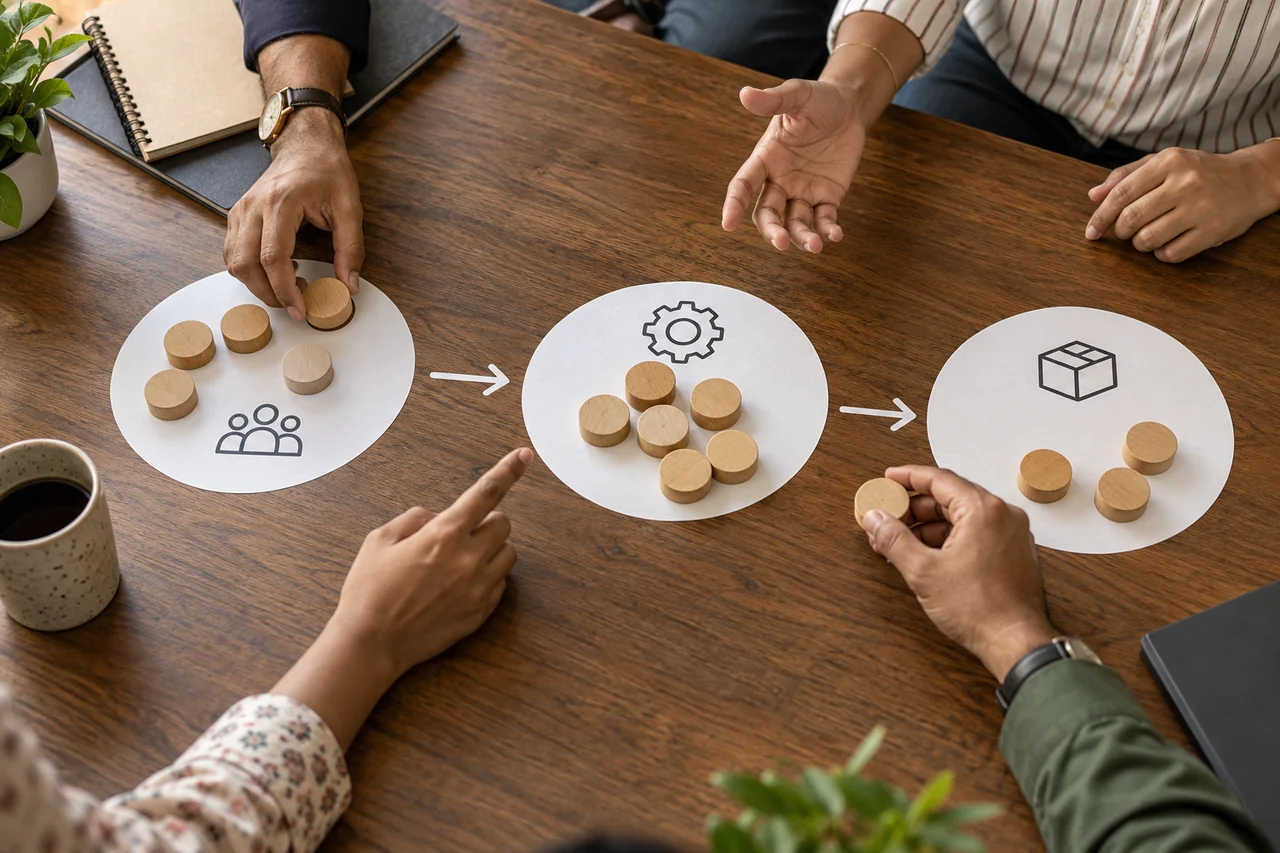 Adult hands moving wooden tokens between three simple work stations in a learning exercise