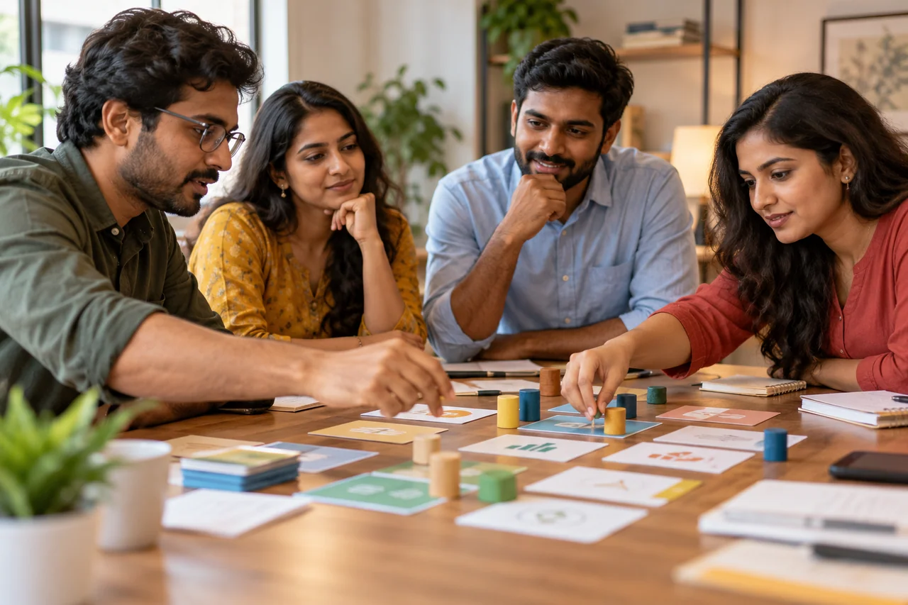 Indian adult learners discussing a business simulation with abstract decision cards and wooden tokens