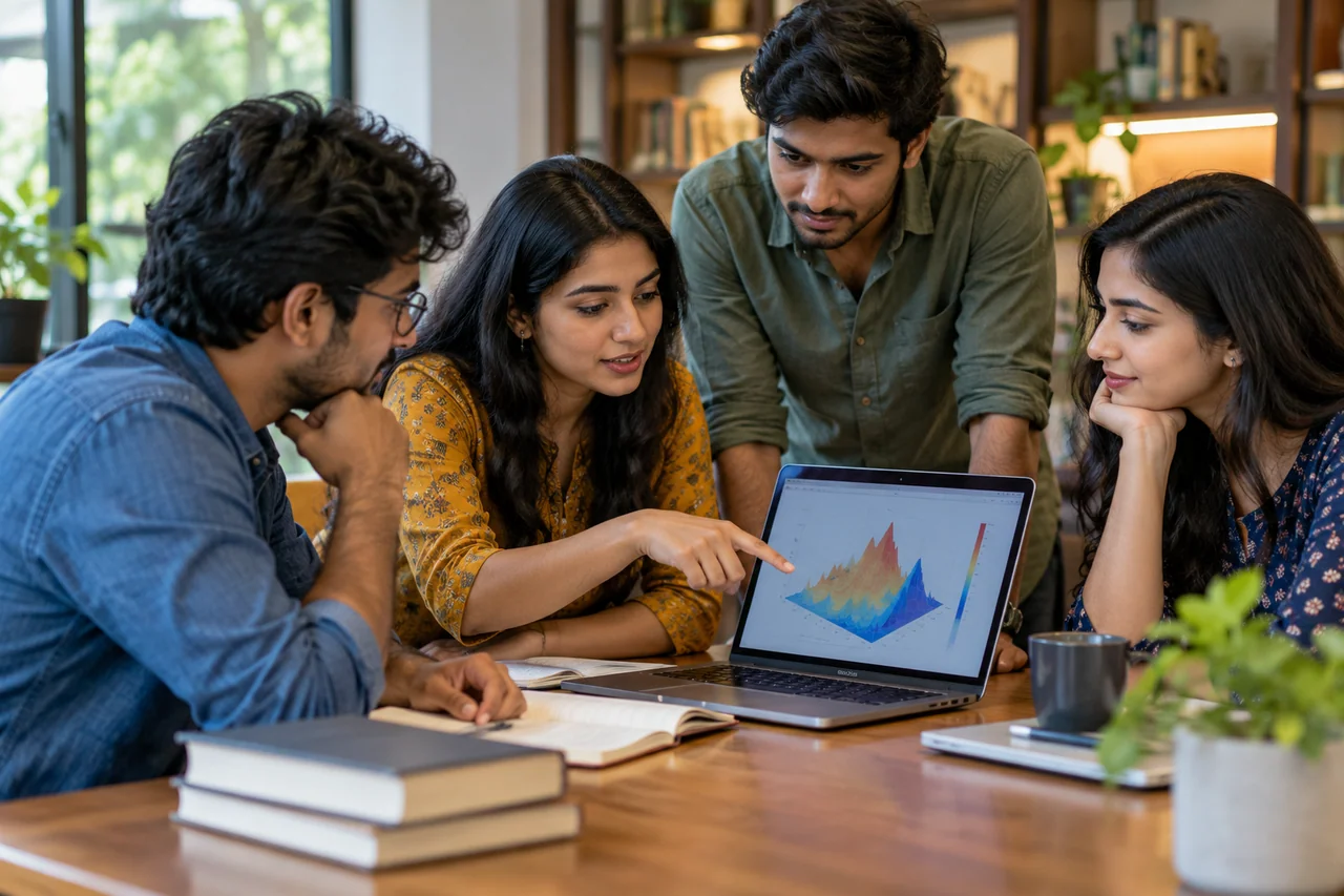 Small study group reviewing a simple simulation chart with Small study group reviewing a simple simulation chart with