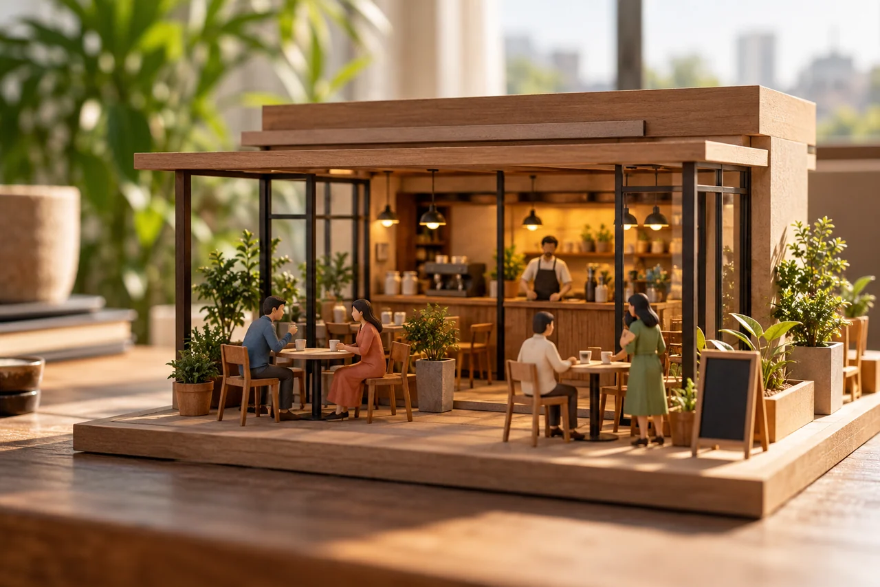 Tabletop model of a small cafe with abstract stock pieces Tabletop model of a small cafe with abstract stock pieces
