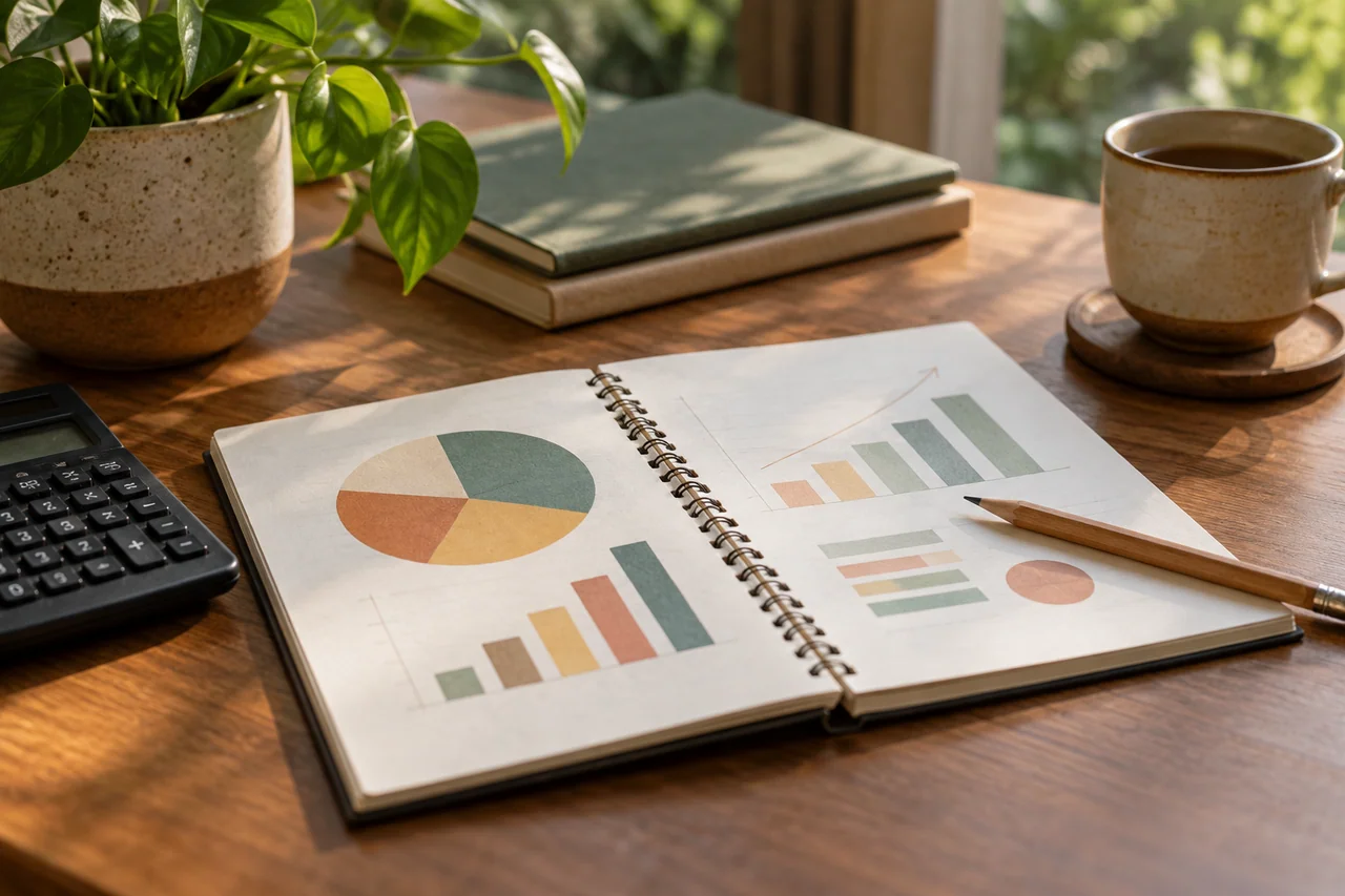 Notebook with abstract budget shapes and pencil