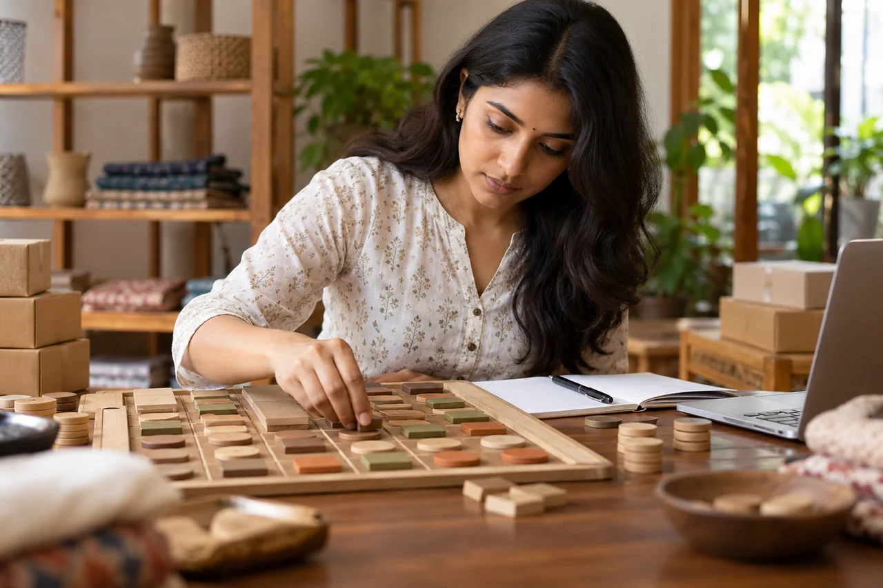 Person adjusting inventory tokens on an unbranded practice board