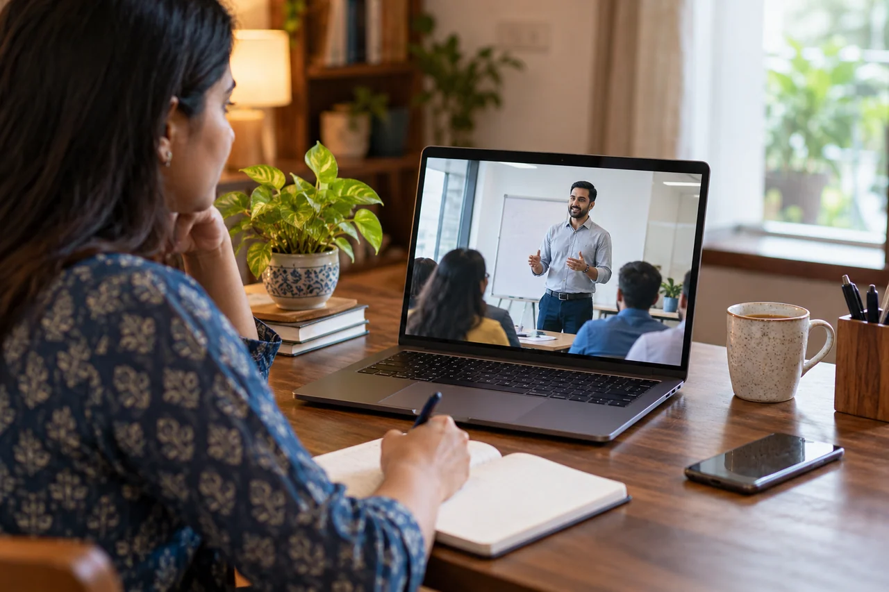 A learner reviewing an online presentation